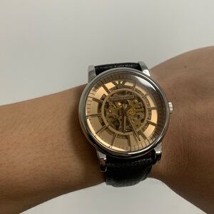 Emporio Armani Skeleton Watch with Black Leather Strap